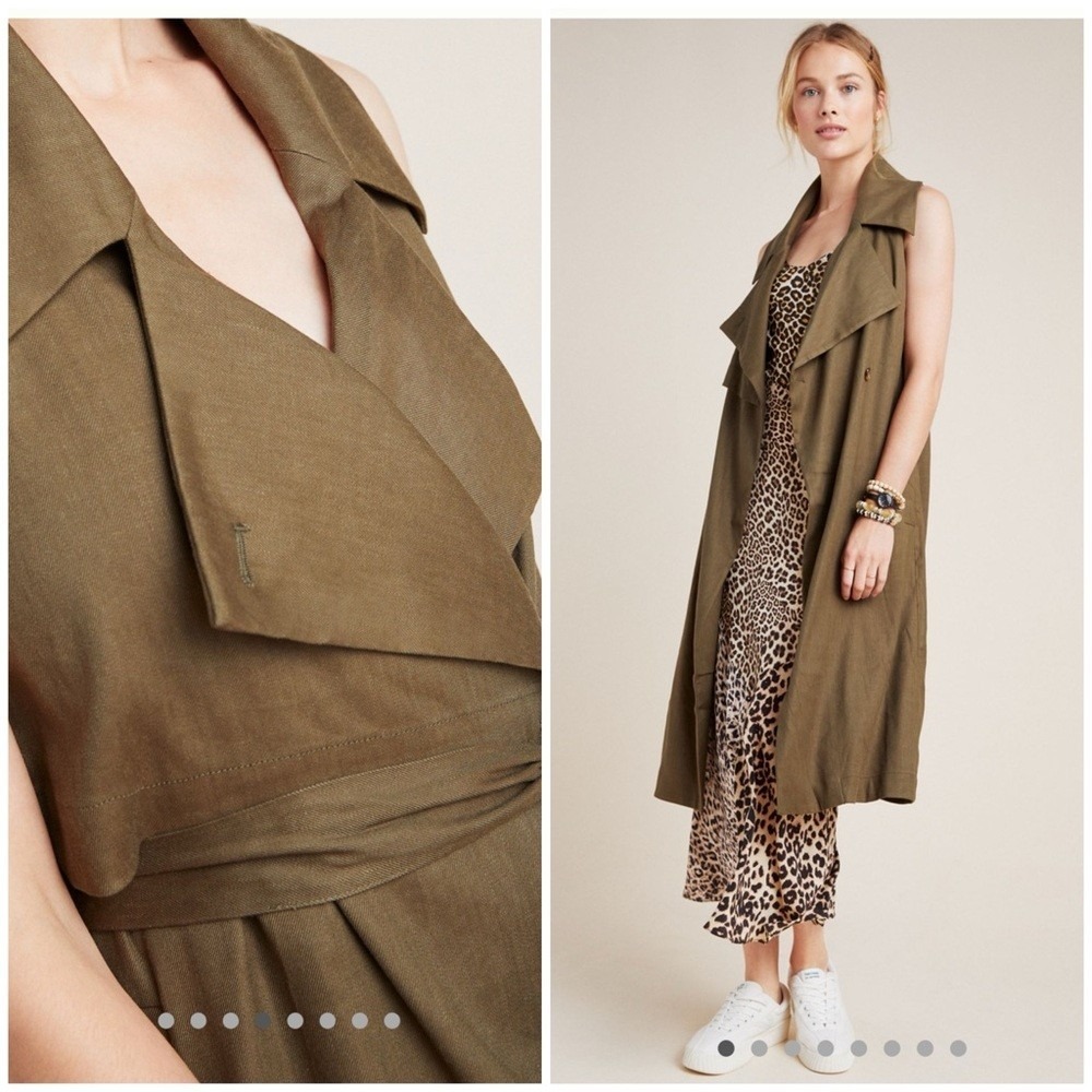 Anthropologie Hollis Tie Front Olive Sleeveless Trench Coat Vest Dress Sz Small - Picture 3 of 10